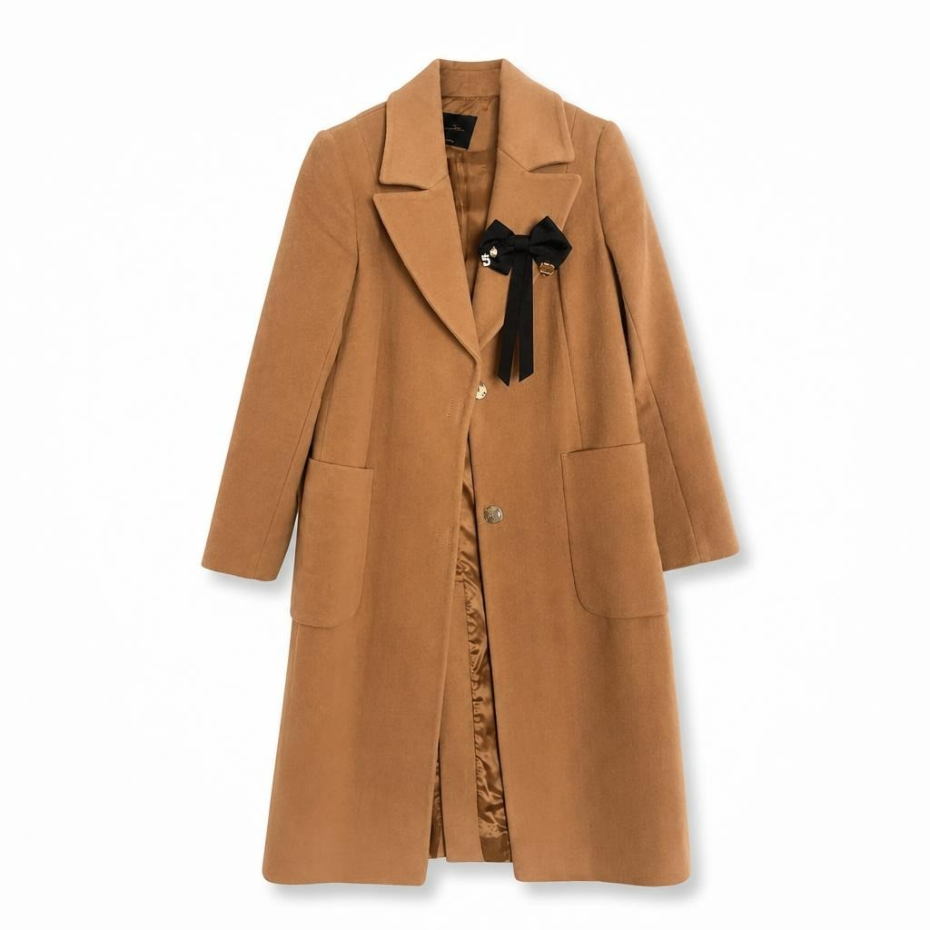 massimo dutti Camel single-breasted longline wool coat - white studio shot, second-hand at Why Go Less, Dekwaneh, Lebanon