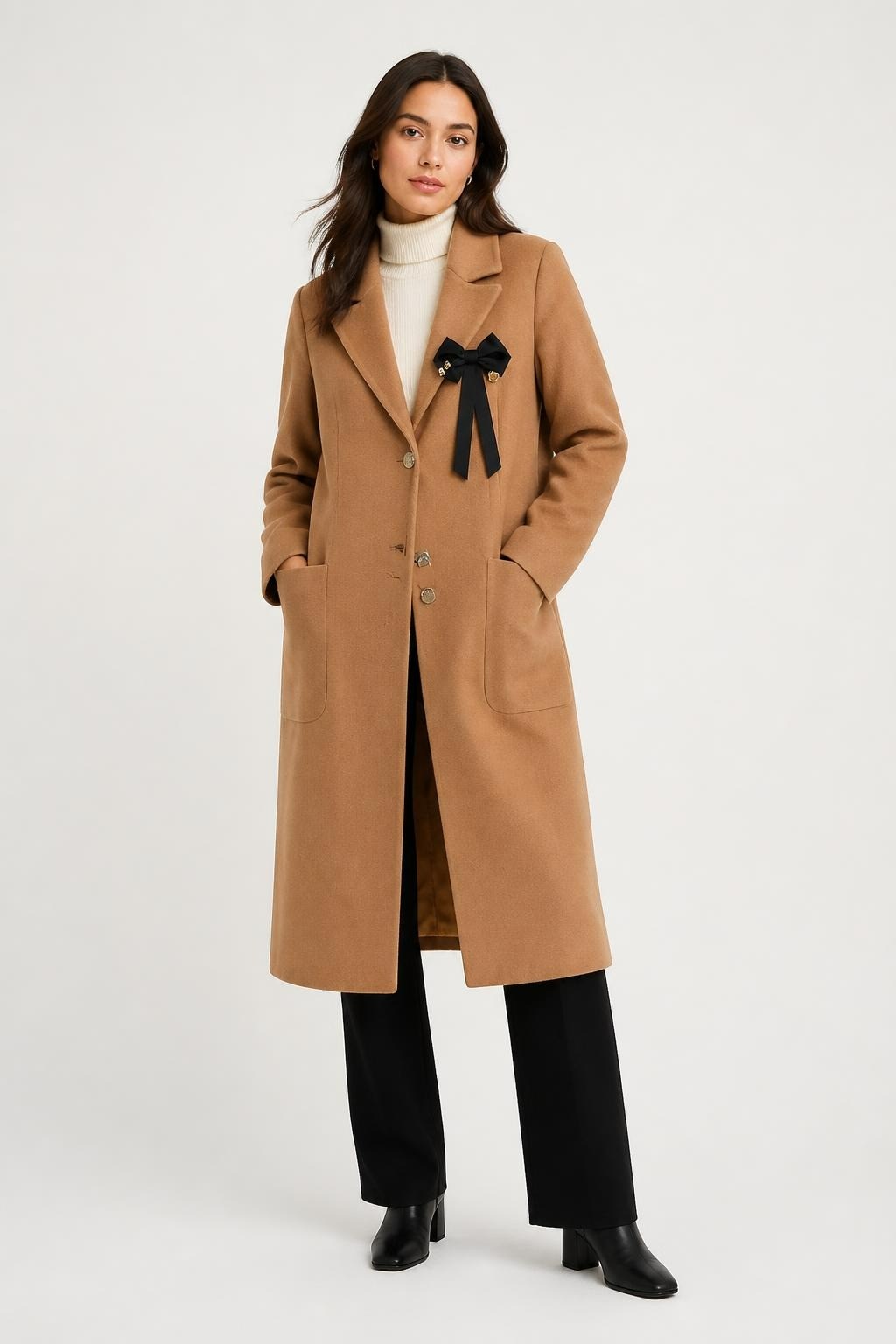 massimo dutti معطف صوفي طويل بلون الجمل بصف أزرار واحد مع بروش على شكل فيونكة | مستعمل | لماذا ترضى بالأقل