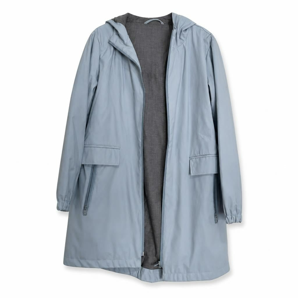 Pull&Bear light blue hooded raincoat/parka - white studio shot, second-hand at Why Go Less, Dekwaneh, Lebanon
