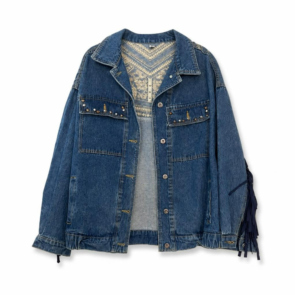 Oversized denim jacket with studs and fringe sleeves - white studio shot, second-hand at Why Go Less, Dekwaneh, Lebanon