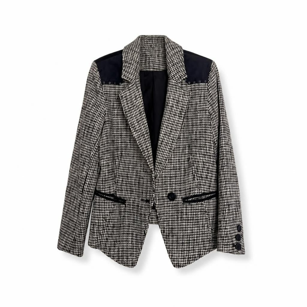 Houndstooth black white blazer with suede shoulder trim - white studio shot, second-hand at Why Go Less, Dekwaneh, Lebanon
