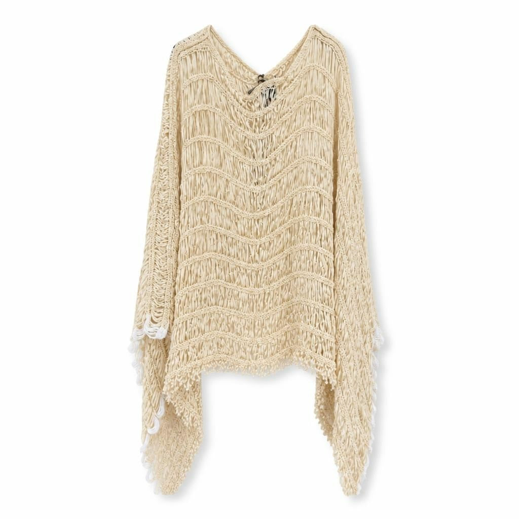 Cream fringe boho knit poncho top, one size - white studio shot, second-hand at Why Go Less, Dekwaneh, Lebanon