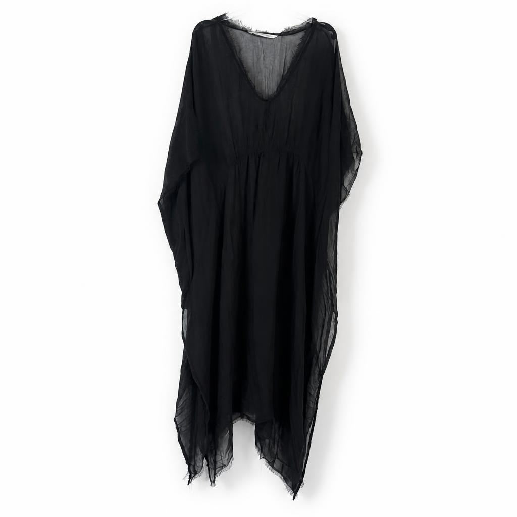 Black fringe open-front sleeveless cardigan vest - white studio shot, second-hand at Why Go Less, Dekwaneh, Lebanon