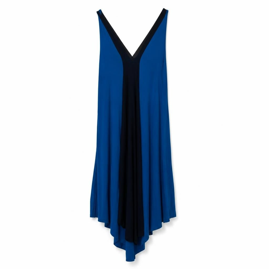 Blue & Black V-neck Flowy Midi Dress - white studio shot, second-hand at Why Go Less, Dekwaneh, Lebanon