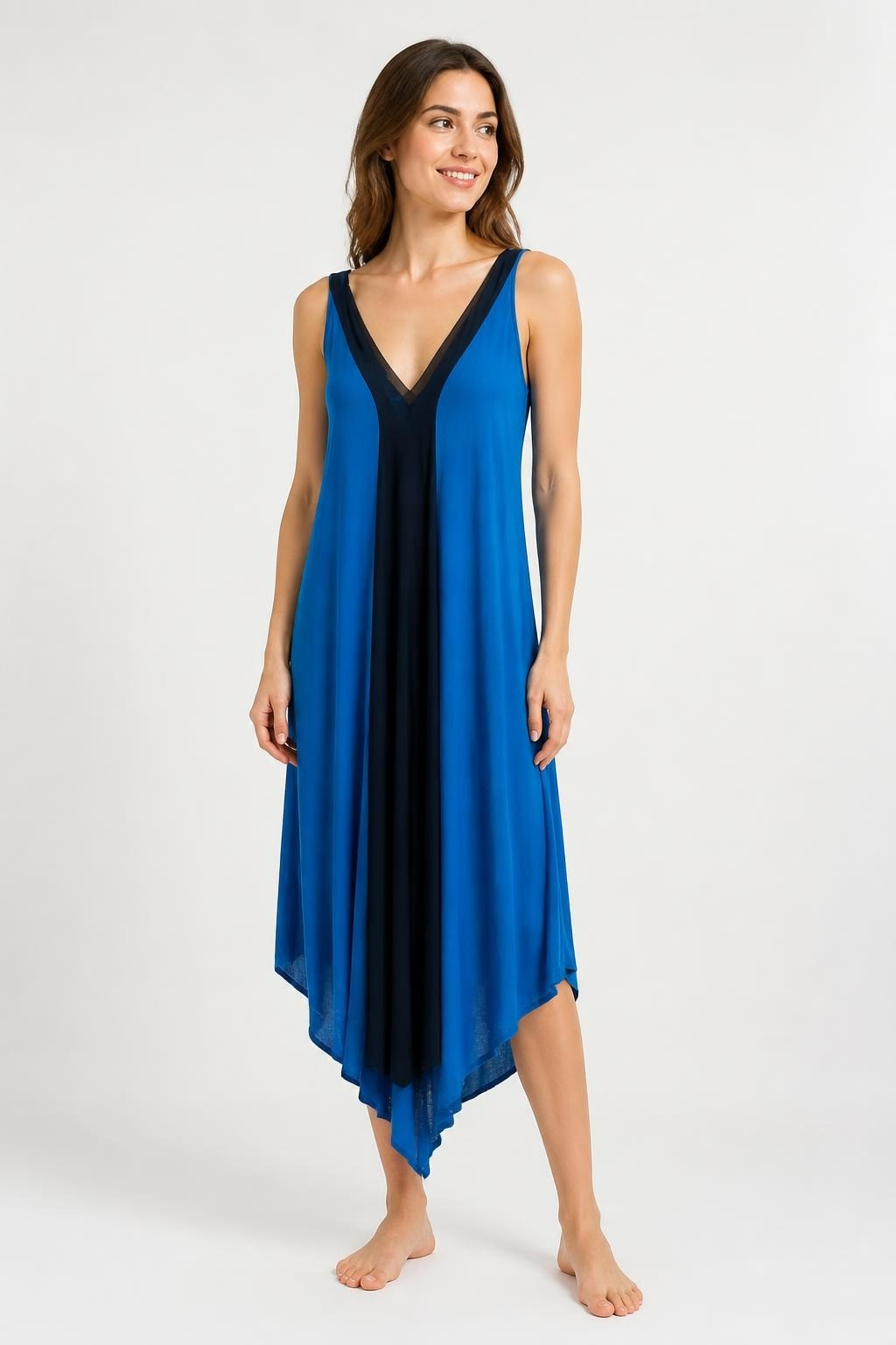 Blue & Black V-neck Flowy Midi Dress | Pre-Loved | Why Go Less