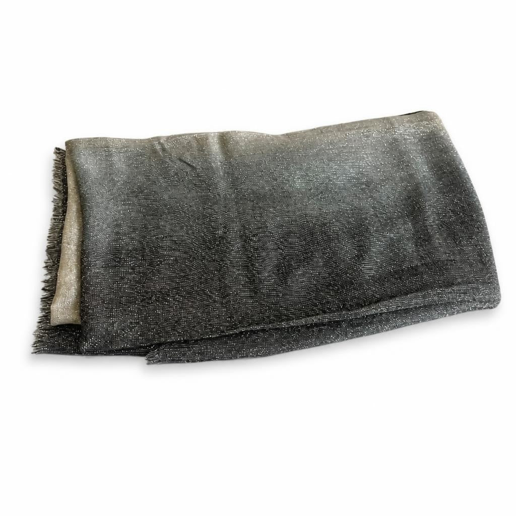 Silver-Black Ombre Shimmer Fringed Scarf/Wrap - white studio shot, second-hand at Why Go Less, Dekwaneh, Lebanon