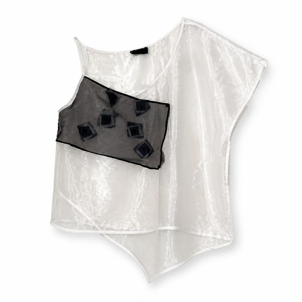 Alexuen White Sheer Organza Asymmetric Top - white studio shot, second-hand at Why Go Less, Dekwaneh, Lebanon