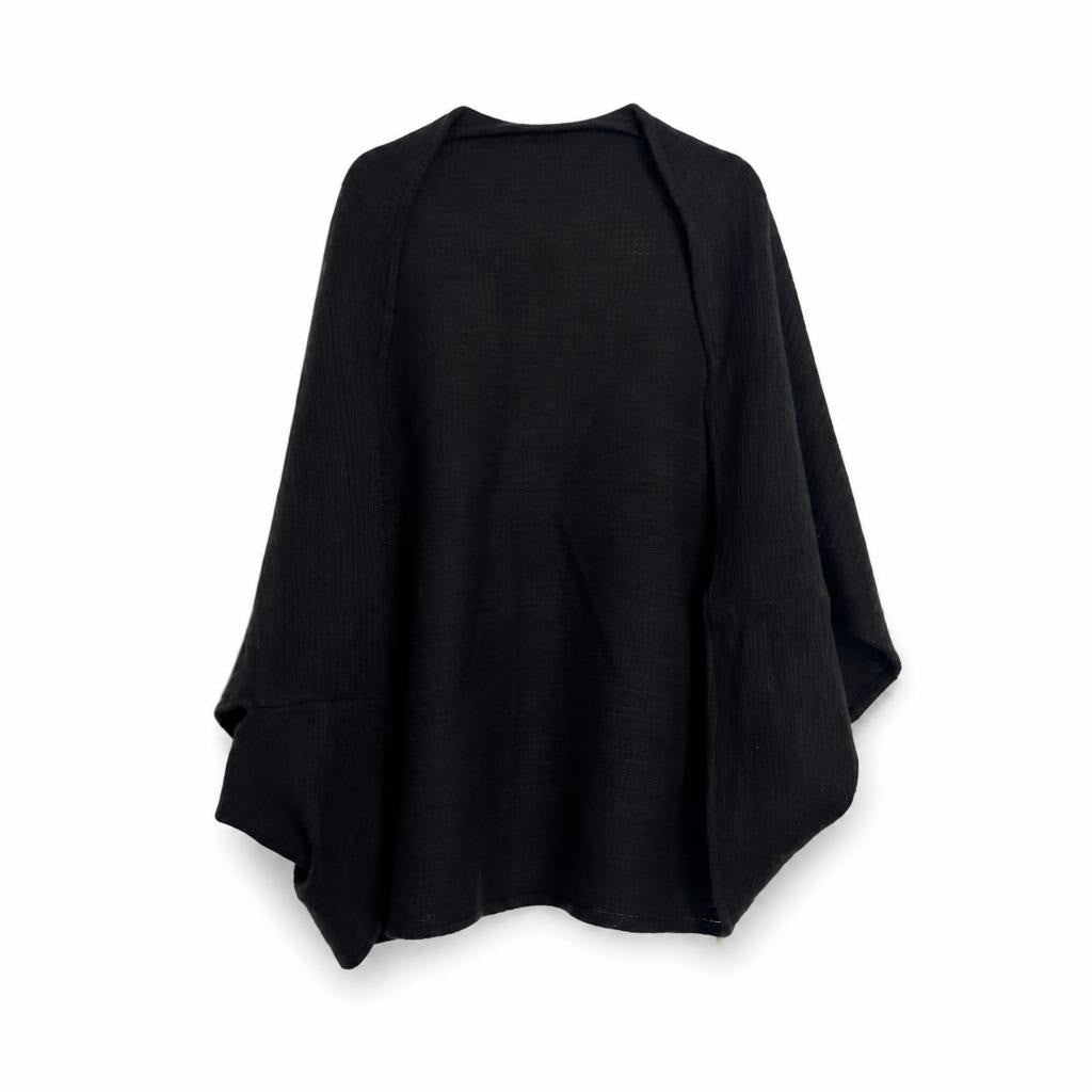 Black oversized knit open cardigan wrap - white studio shot, second-hand at Why Go Less, Dekwaneh, Lebanon