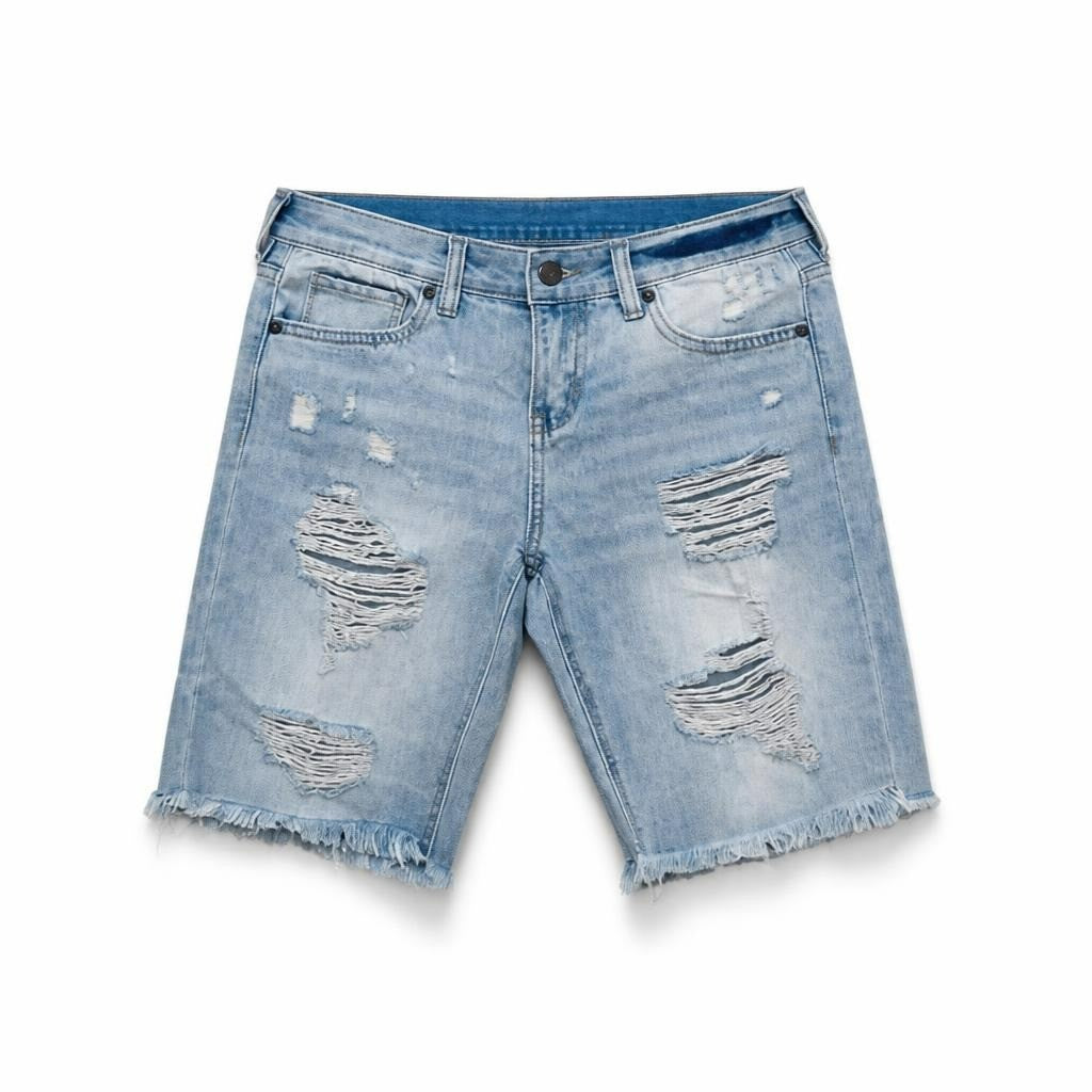 Soho light blue ripped denim shorts - white studio shot, second-hand at Why Go Less, Dekwaneh, Lebanon