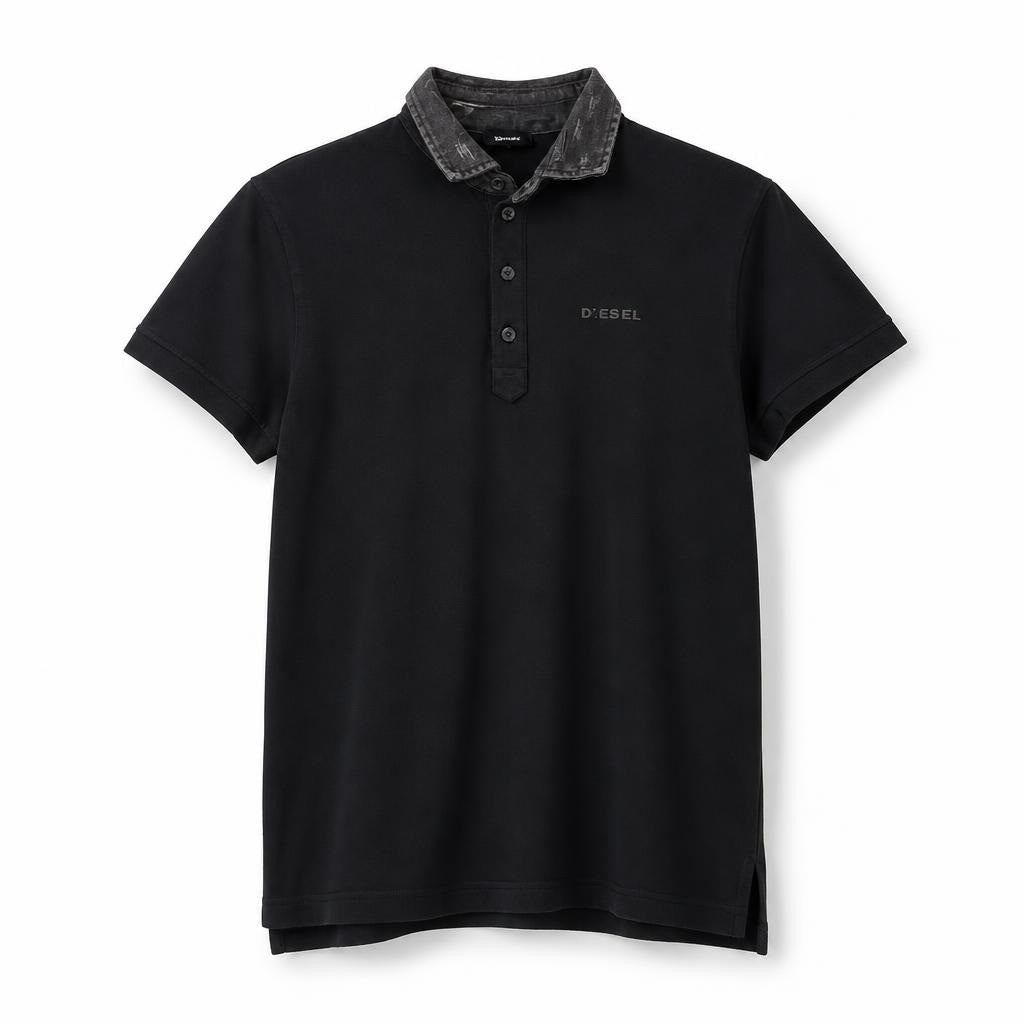 Diesel black polo shirt, denim collar detail - white studio shot, second-hand at Why Go Less, Dekwaneh, Lebanon