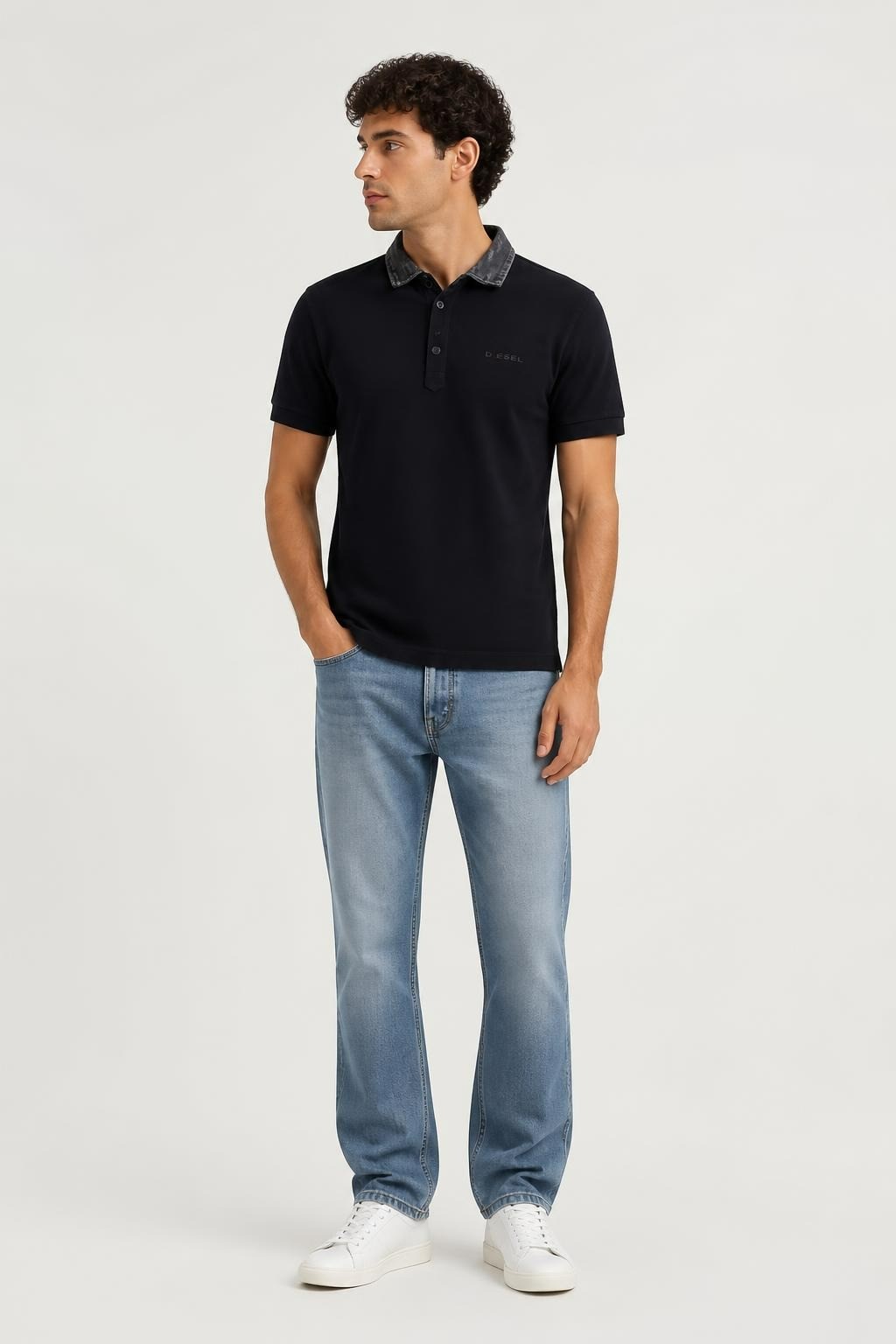 Diesel black polo shirt, denim collar detail | Pre-Loved | Why Go Less