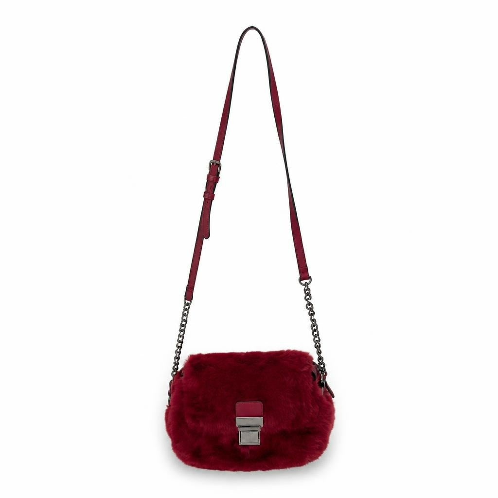 Burgundy faux fur mini crossbody chain bag - white studio shot, second-hand at Why Go Less, Dekwaneh, Lebanon