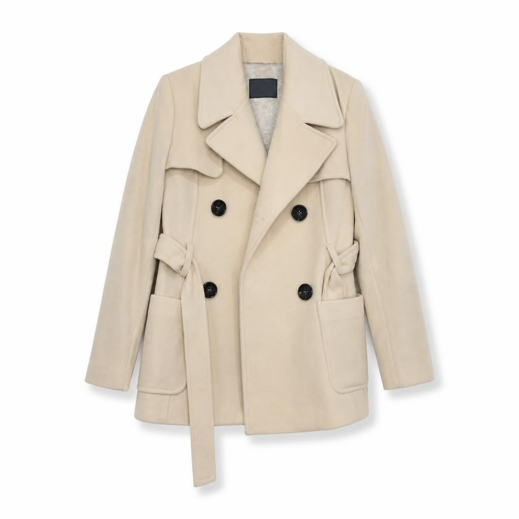 Cream double-breasted belted wool-blend short coat - white studio shot, second-hand at Why Go Less, Dekwaneh, Lebanon