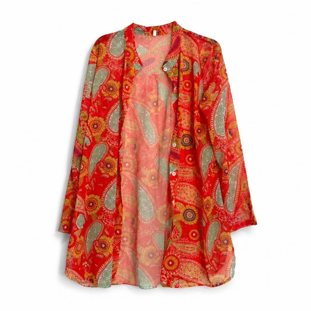 Red paisley print sheer long blouse/tunic - white studio shot, second-hand at Why Go Less, Dekwaneh, Lebanon