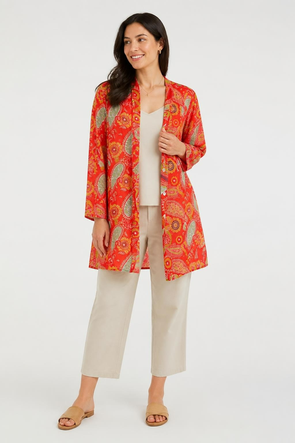 Red paisley print sheer long blouse/tunic | Pre-Loved | Why Go Less