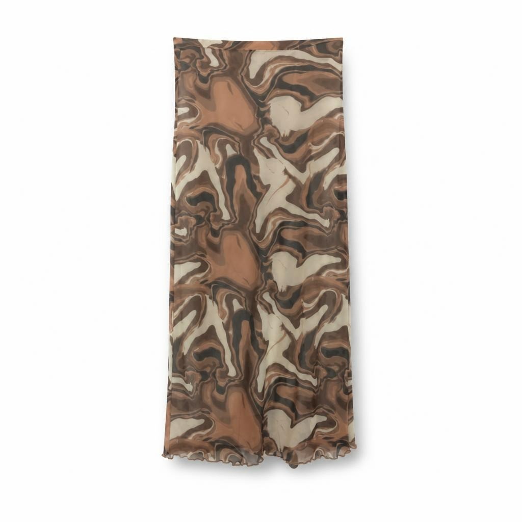 Brown marble print mesh midi skirt - white studio shot, second-hand at Why Go Less, Dekwaneh, Lebanon