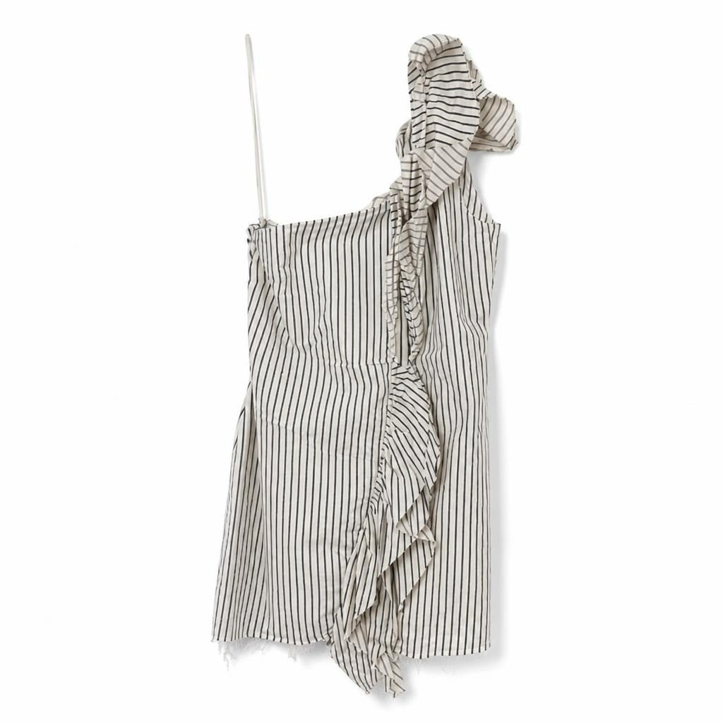 White pinstripe one-shoulder ruffle mini dress - white studio shot, second-hand at Why Go Less, Dekwaneh, Lebanon
