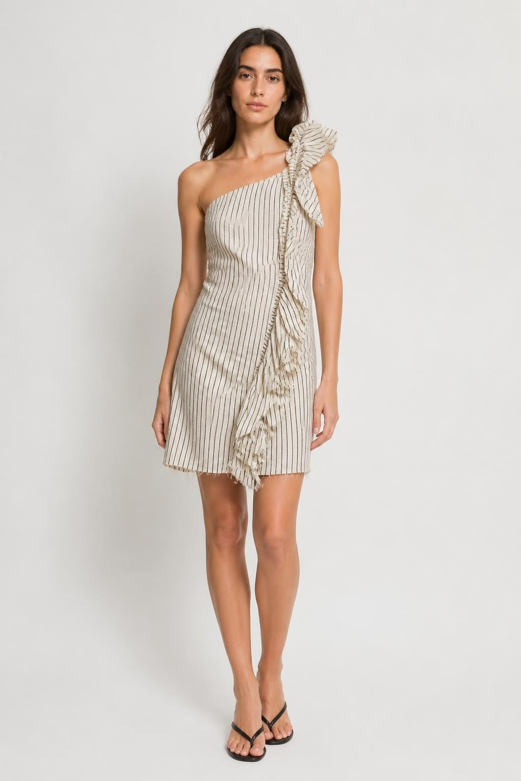 White pinstripe one-shoulder ruffle mini dress | Pre-Loved | Why Go Less