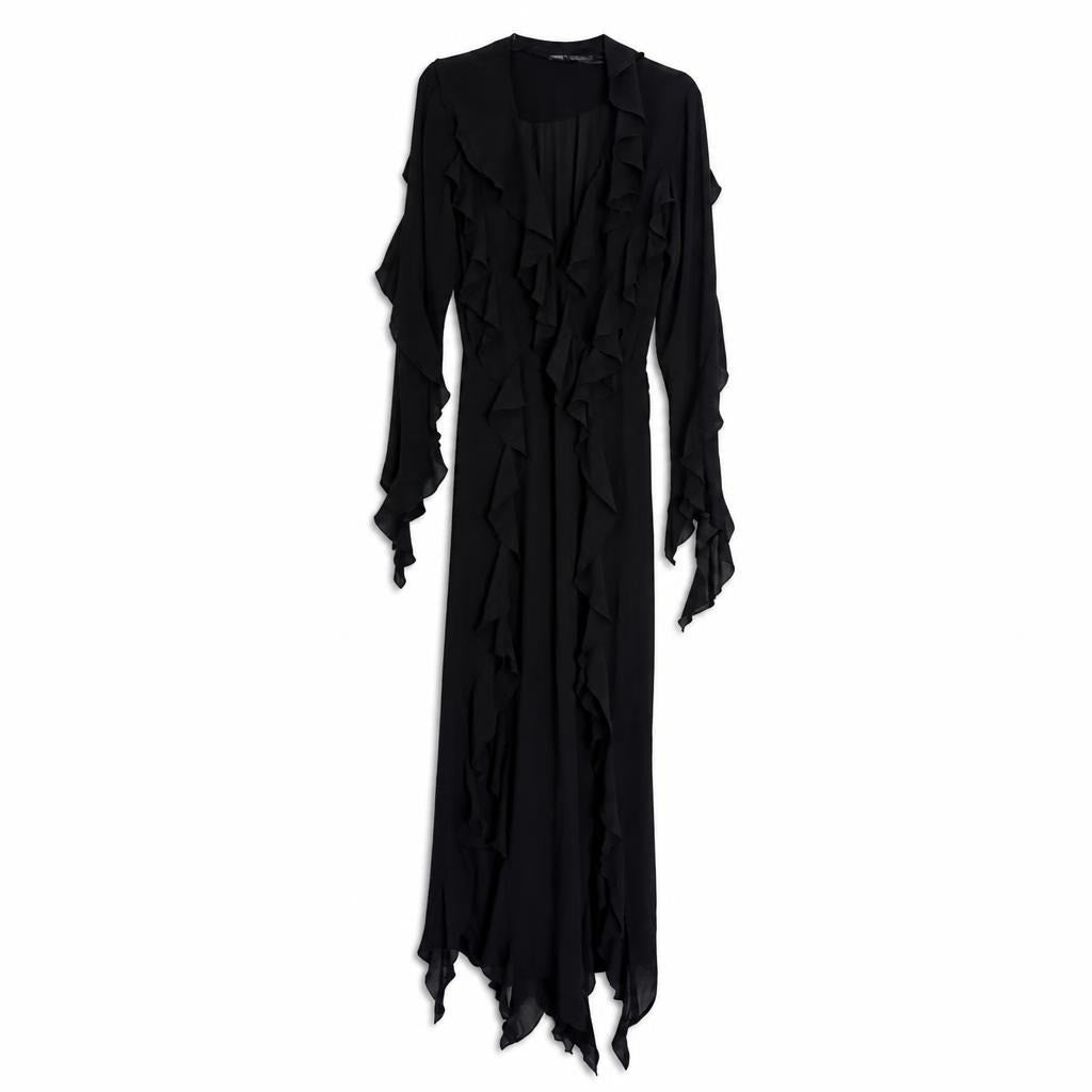 Zara Black Ruffle Long Sleeve Maxi Dress - white studio shot, second-hand at Why Go Less, Dekwaneh, Lebanon
