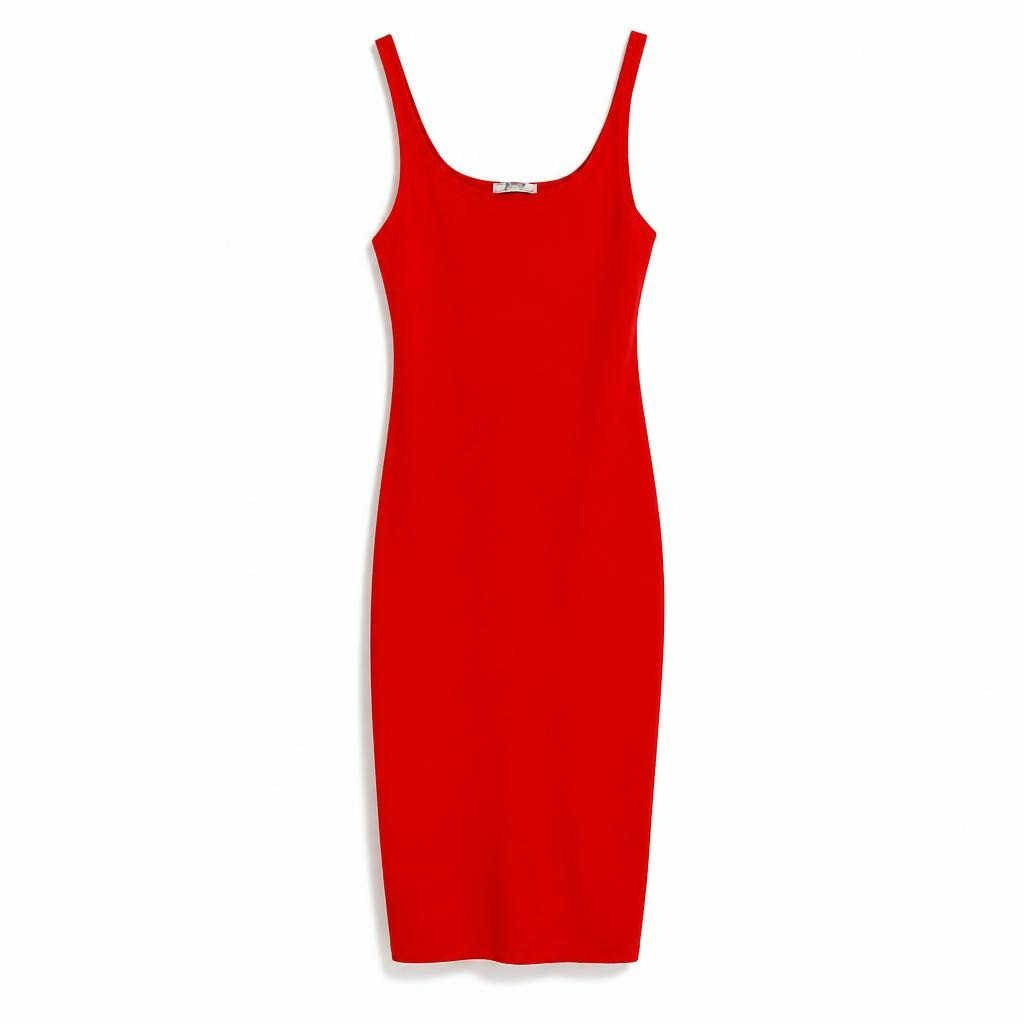 Red Bodycon Midi Sleeveless Dress - white studio shot, second-hand at Why Go Less, Dekwaneh, Lebanon