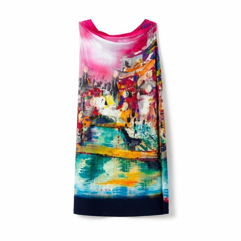 Multicolor Abstract Print Sleeveless Midi Dress - white studio shot, second-hand at Why Go Less, Dekwaneh, Lebanon