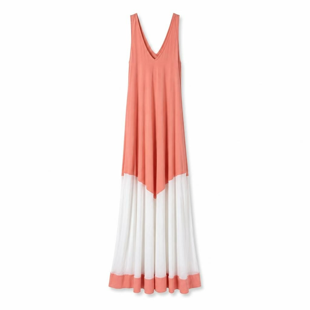Peach & White Two-Tone V-Neck Maxi Dress - white studio shot, second-hand at Why Go Less, Dekwaneh, Lebanon