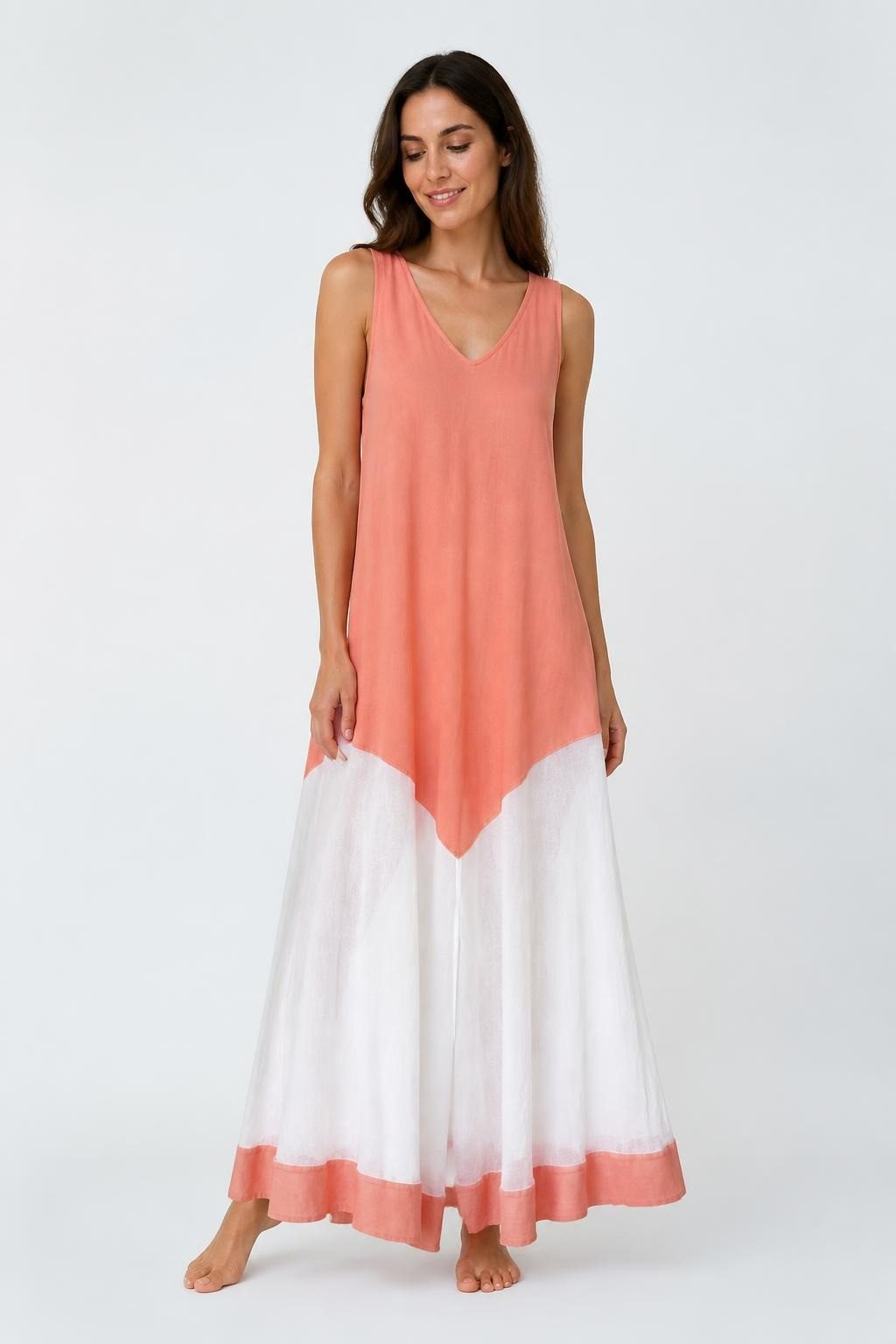 Peach & White Two-Tone V-Neck Maxi Dress | Pre-Loved | Why Go Less