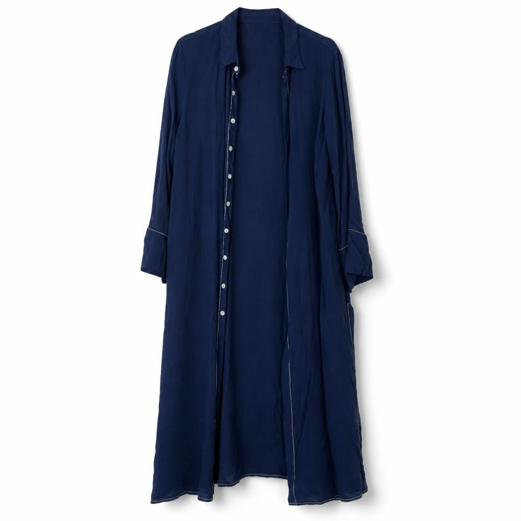 Navy blue long shirt dress, white trim, S/M - white studio shot, second-hand at Why Go Less, Dekwaneh, Lebanon