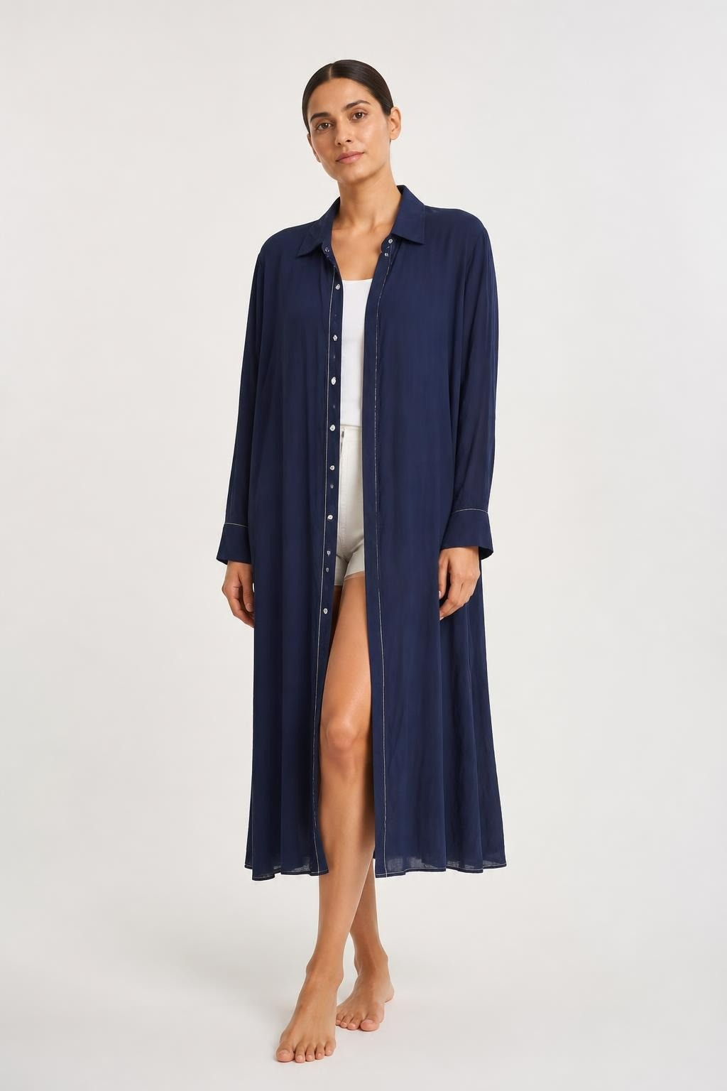 Navy blue long shirt dress, white trim, S/M | Pre-Loved | Why Go Less