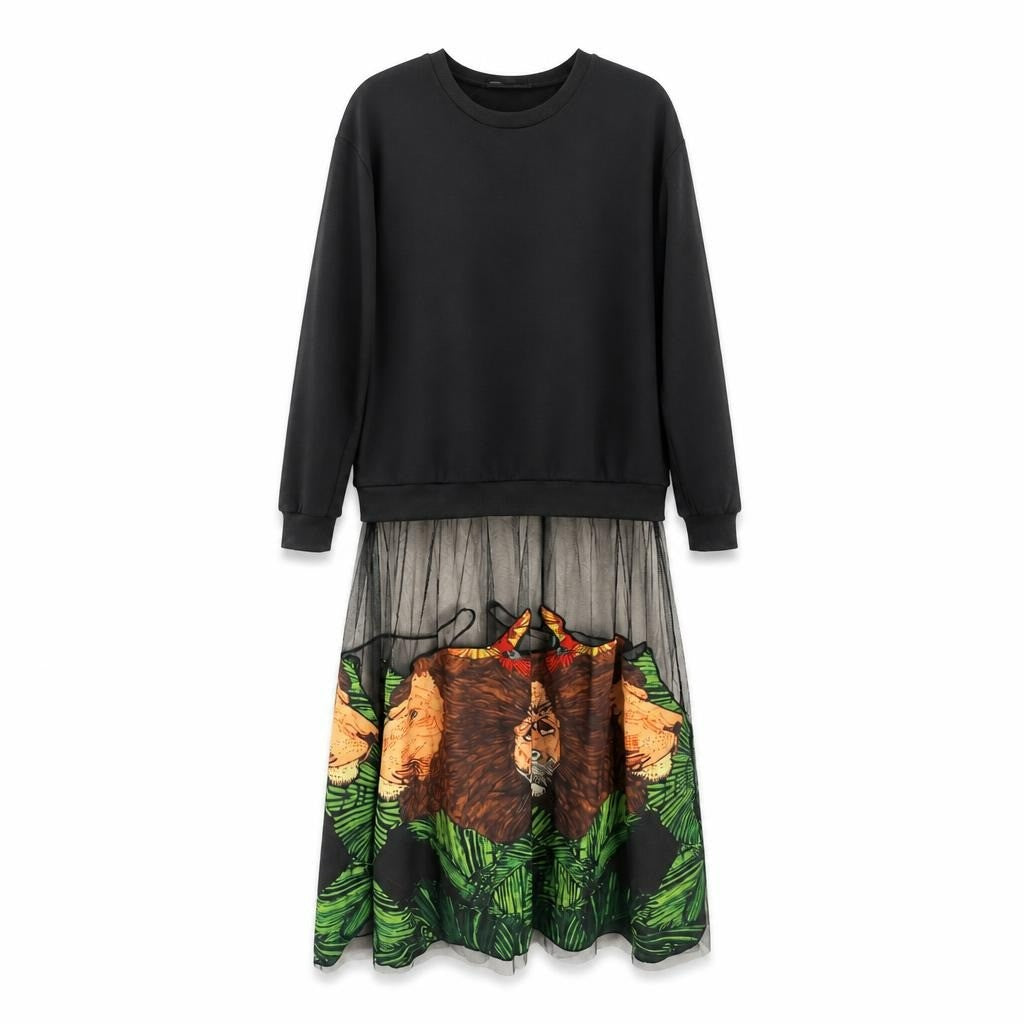 Black sweatshirt & lion print tulle skirt set - white studio shot, second-hand at Why Go Less, Dekwaneh, Lebanon