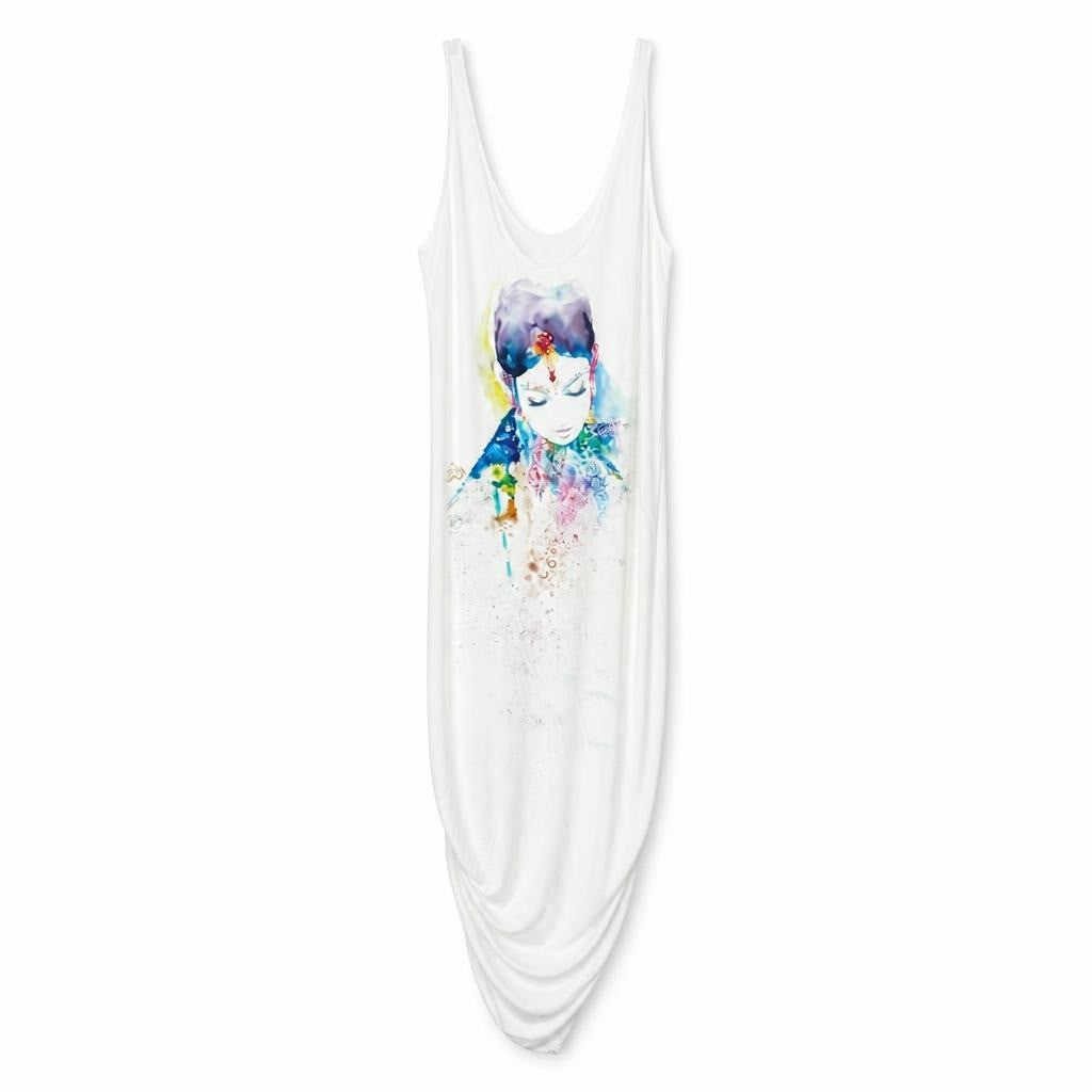 White graphic sleeveless maxi dress, watercolor print - white studio shot, second-hand at Why Go Less, Dekwaneh, Lebanon