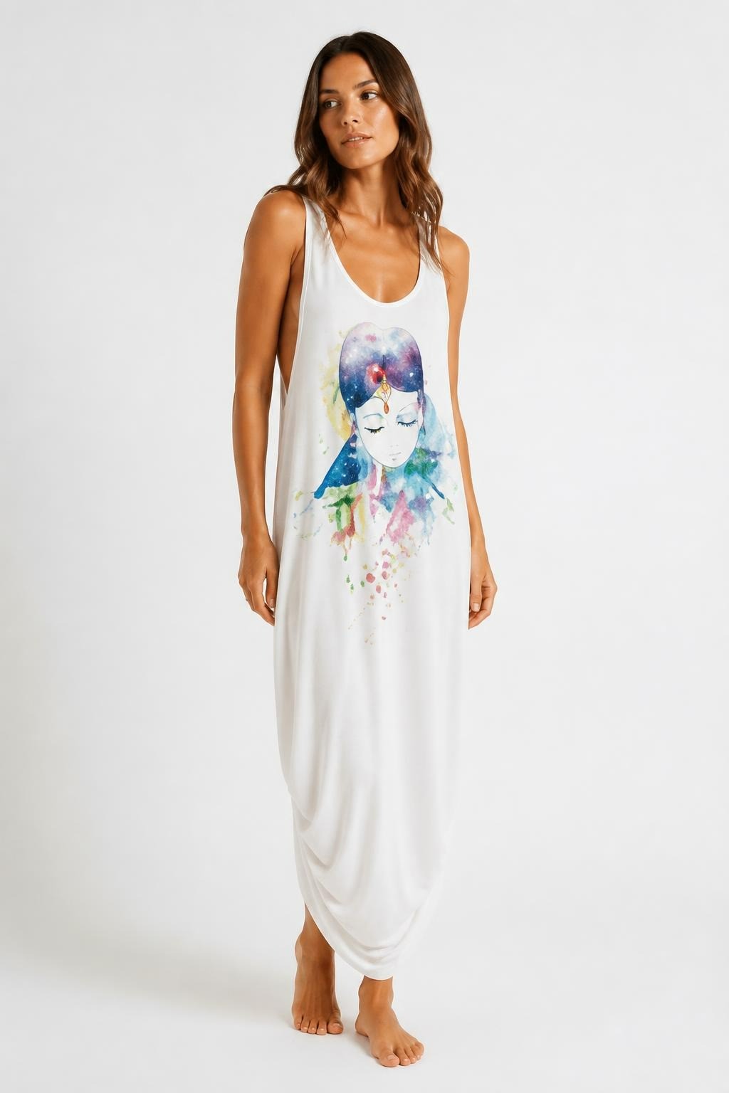 White graphic sleeveless maxi dress, watercolor print | Pre-Loved | Why Go Less