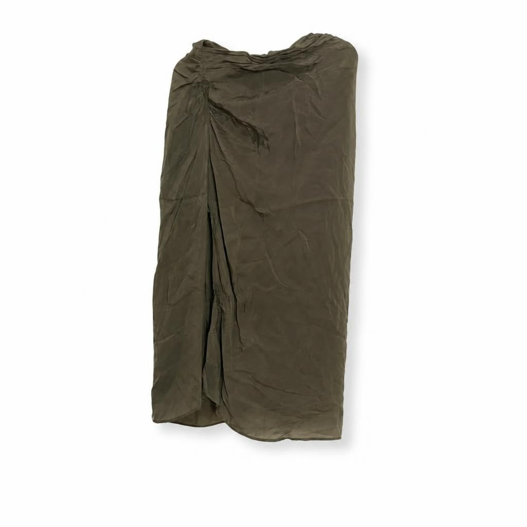 Olive khaki wrap midi skirt, flowy fabric - white studio shot, second-hand at Why Go Less, Dekwaneh, Lebanon