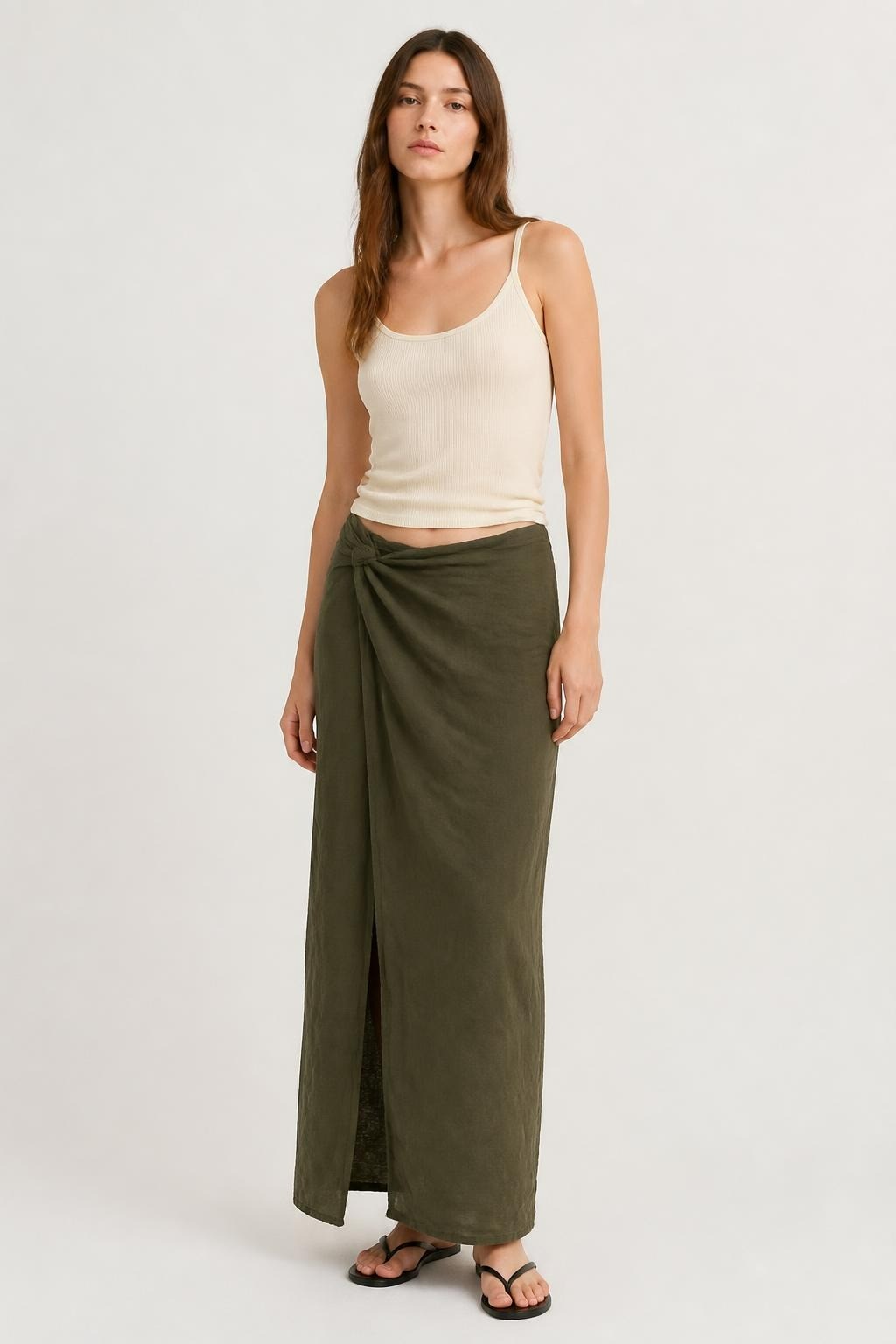 Olive khaki wrap midi skirt, flowy fabric | Pre-Loved | Why Go Less