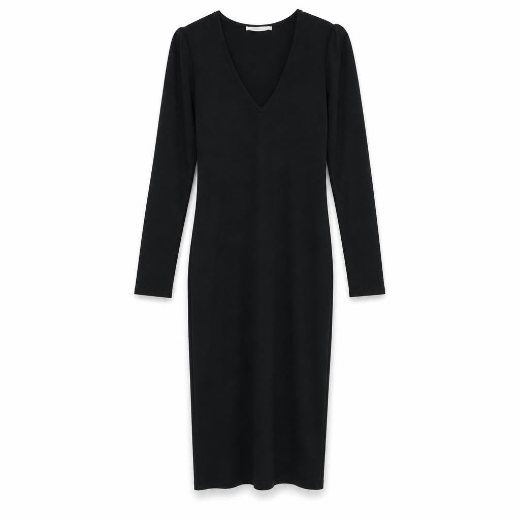 Black bodycon V-neck midi dress, new with tags - white studio shot, second-hand at Why Go Less, Dekwaneh, Lebanon