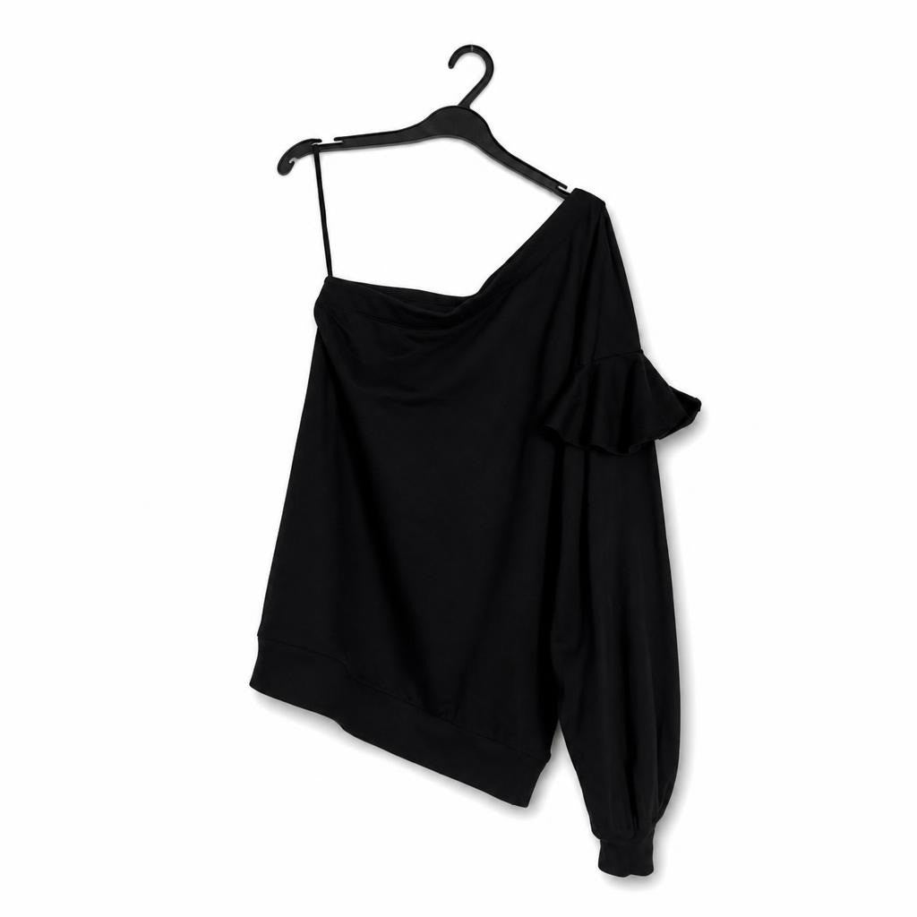 Black asymmetric one-shoulder draped top - white studio shot, second-hand at Why Go Less, Dekwaneh, Lebanon