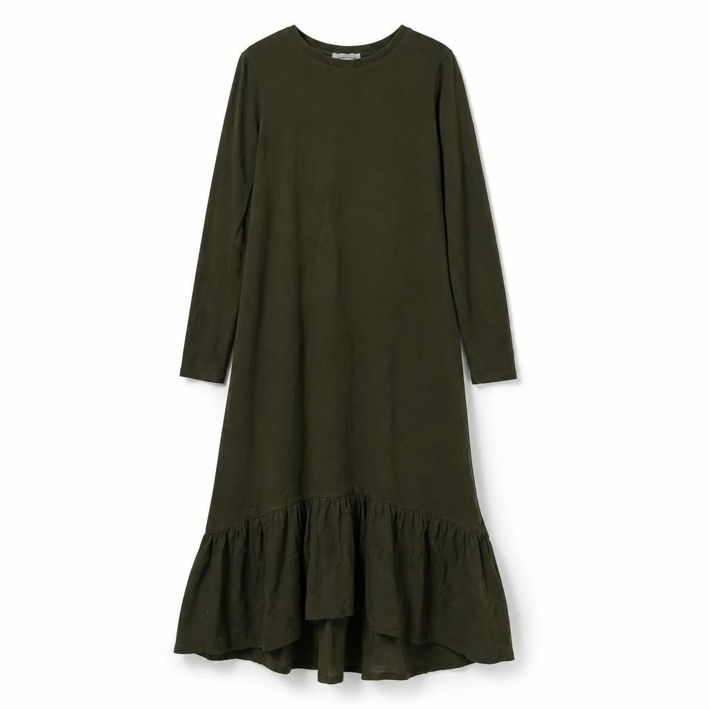 Olive green long-sleeve maxi dress ruffle hem - white studio shot, second-hand at Why Go Less, Dekwaneh, Lebanon