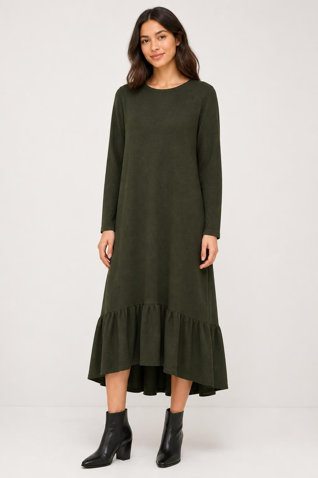Olive green long-sleeve maxi dress ruffle hem | Pre-Loved | Why Go Less