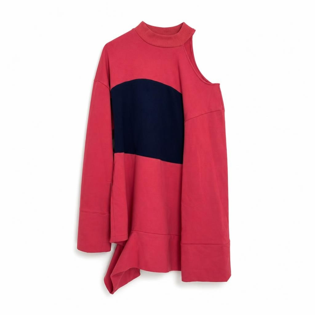 Coral pink cold-shoulder sweatshirt dress navy panel - white studio shot, second-hand at Why Go Less, Dekwaneh, Lebanon