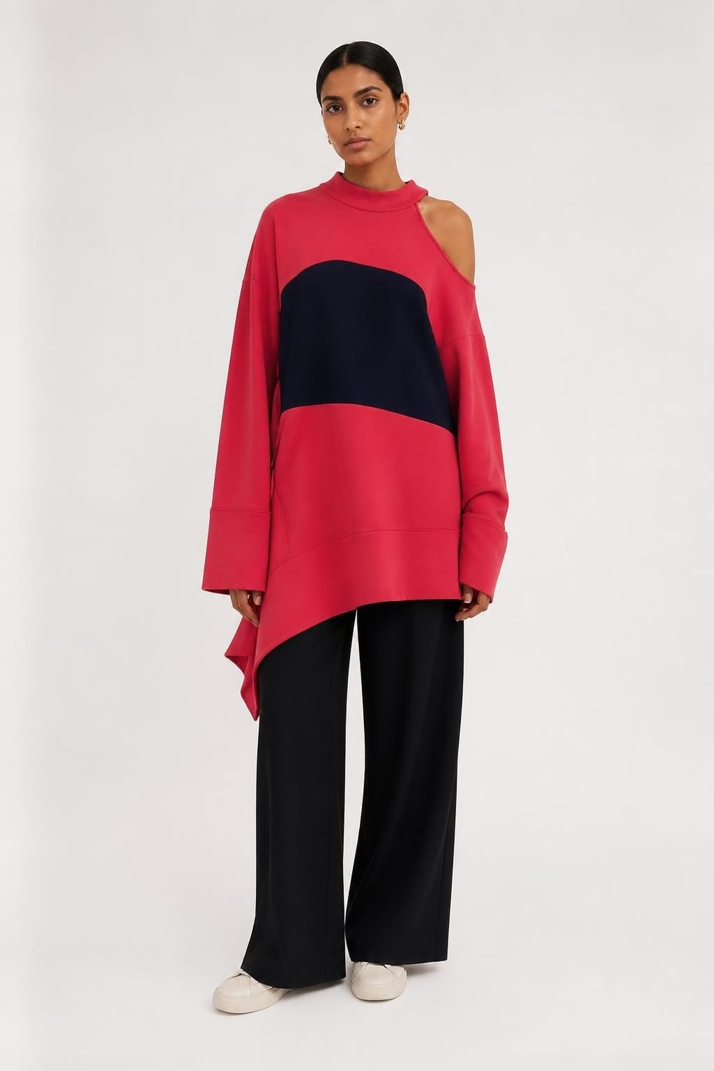 Coral pink cold-shoulder sweatshirt dress navy panel | Pre-Loved | Why Go Less