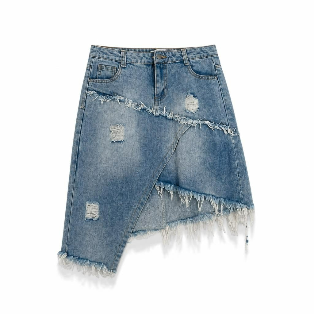 Light wash distressed asymmetric denim skirt - white studio shot, second-hand at Why Go Less, Dekwaneh, Lebanon