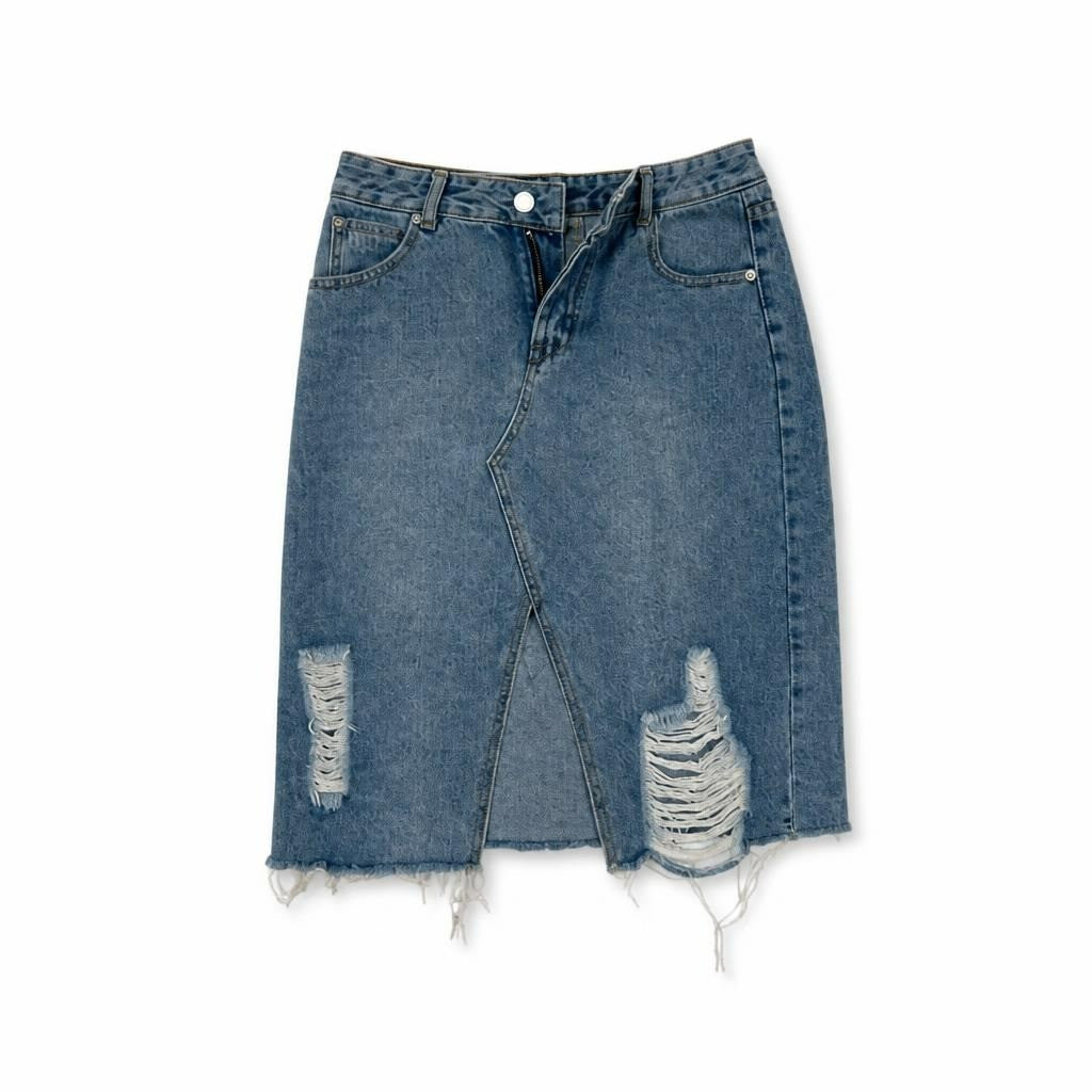 Mid-wash distressed midi denim skirt front slit - white studio shot, second-hand at Why Go Less, Dekwaneh, Lebanon