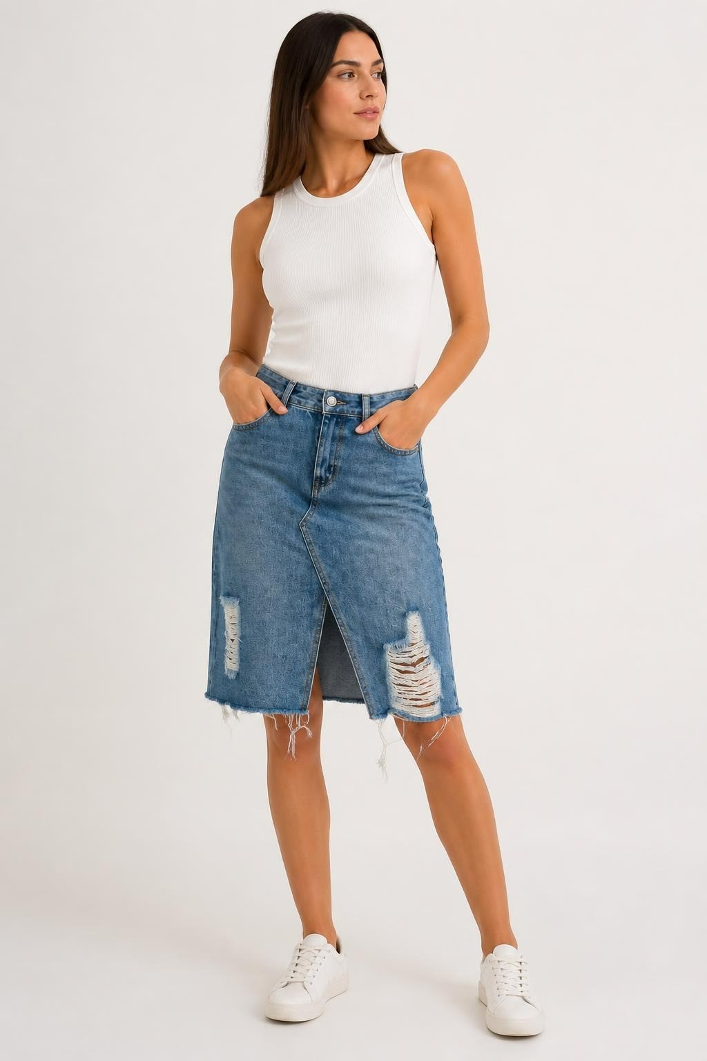 Mid-wash distressed midi denim skirt front slit | Pre-Loved | Why Go Less