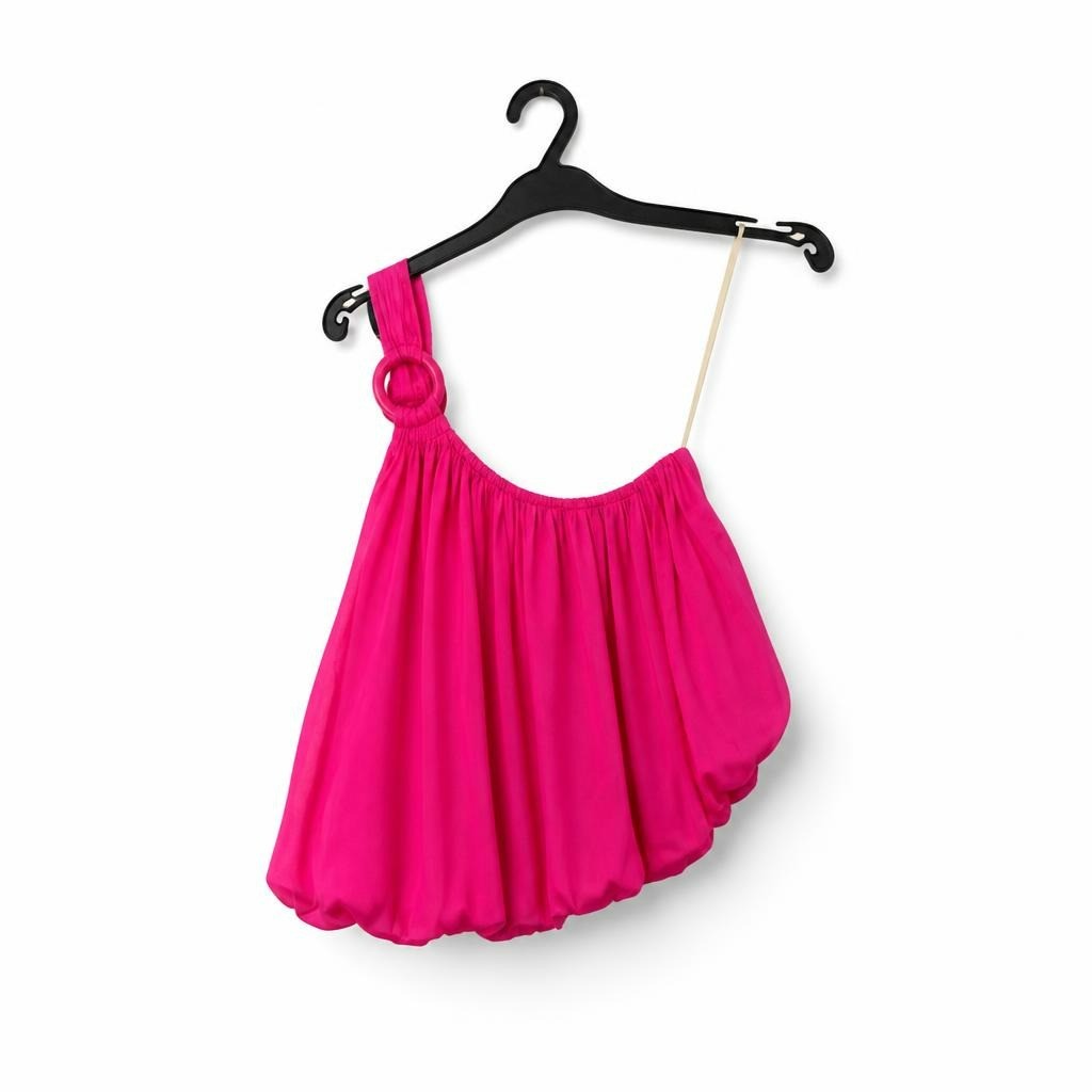 Hot pink one-shoulder bubble crop top - white studio shot, second-hand at Why Go Less, Dekwaneh, Lebanon
