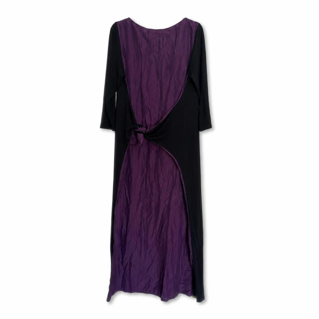 Black and purple two-tone midi dress with tie - white studio shot, second-hand at Why Go Less, Dekwaneh, Lebanon
