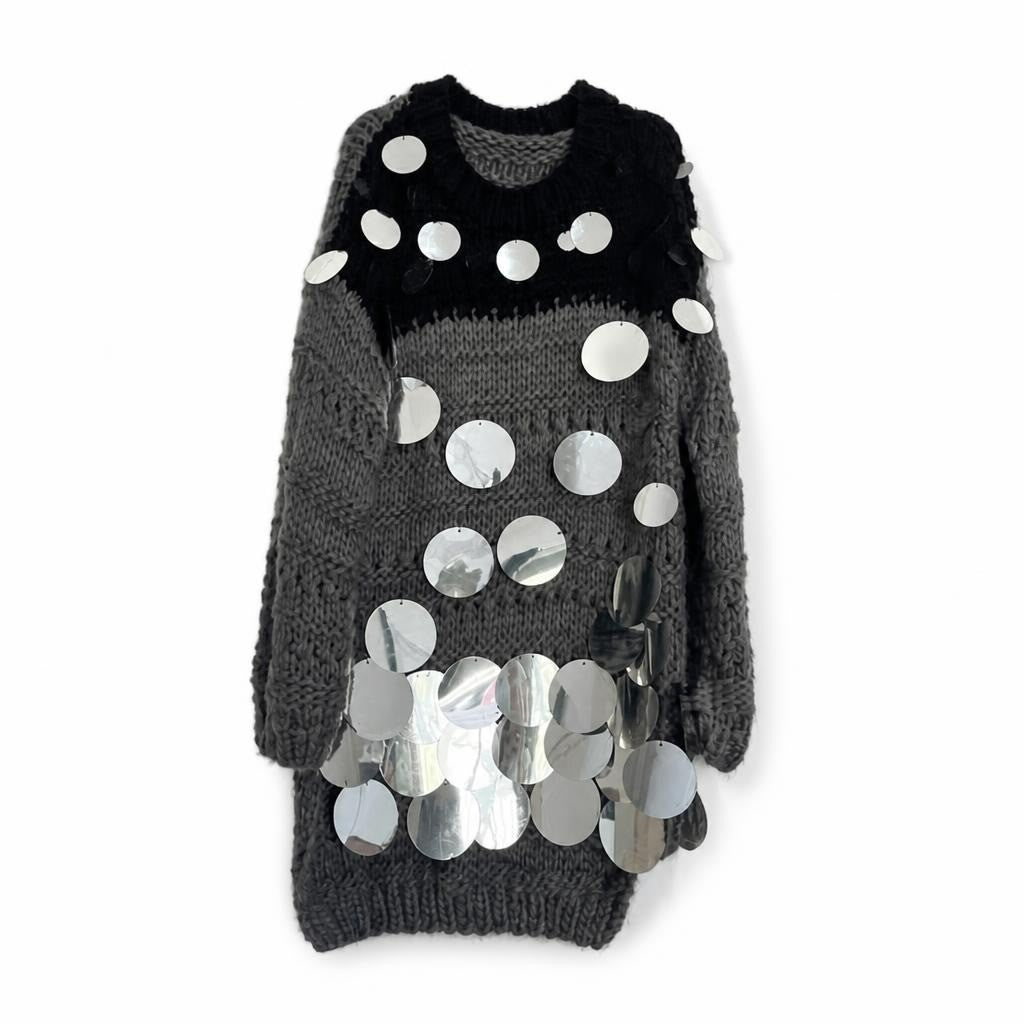 Grey chunky knit sweater dress with silver discs - white studio shot, second-hand at Why Go Less, Dekwaneh, Lebanon