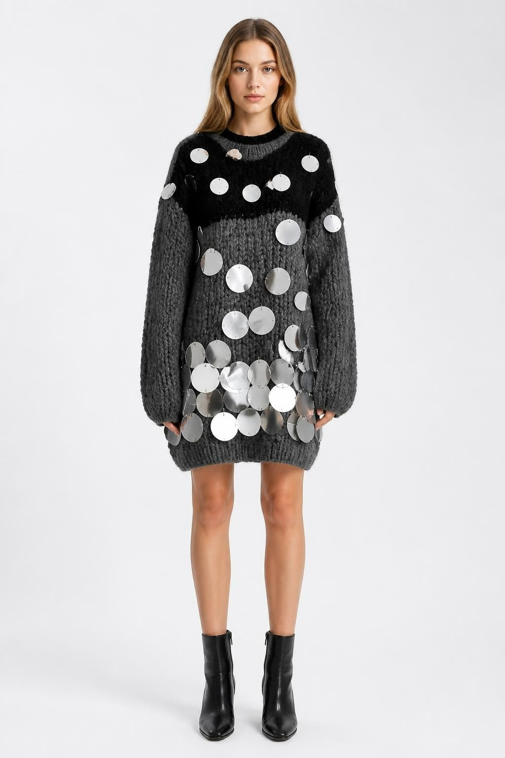 Grey chunky knit sweater dress with silver discs | Pre-Loved | Why Go Less