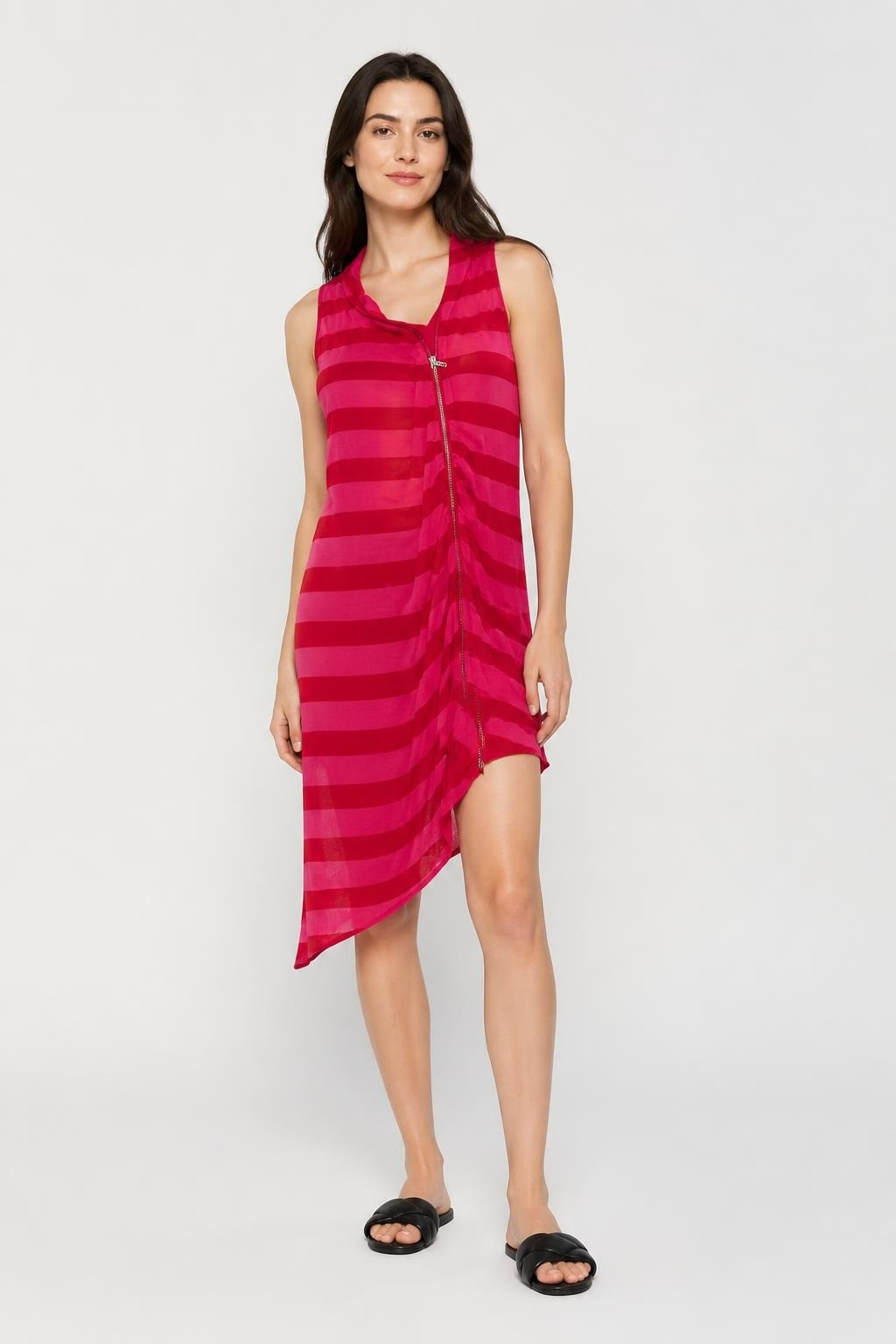 Red striped asymmetric zip sleeveless dress | Pre-Loved | Why Go Less