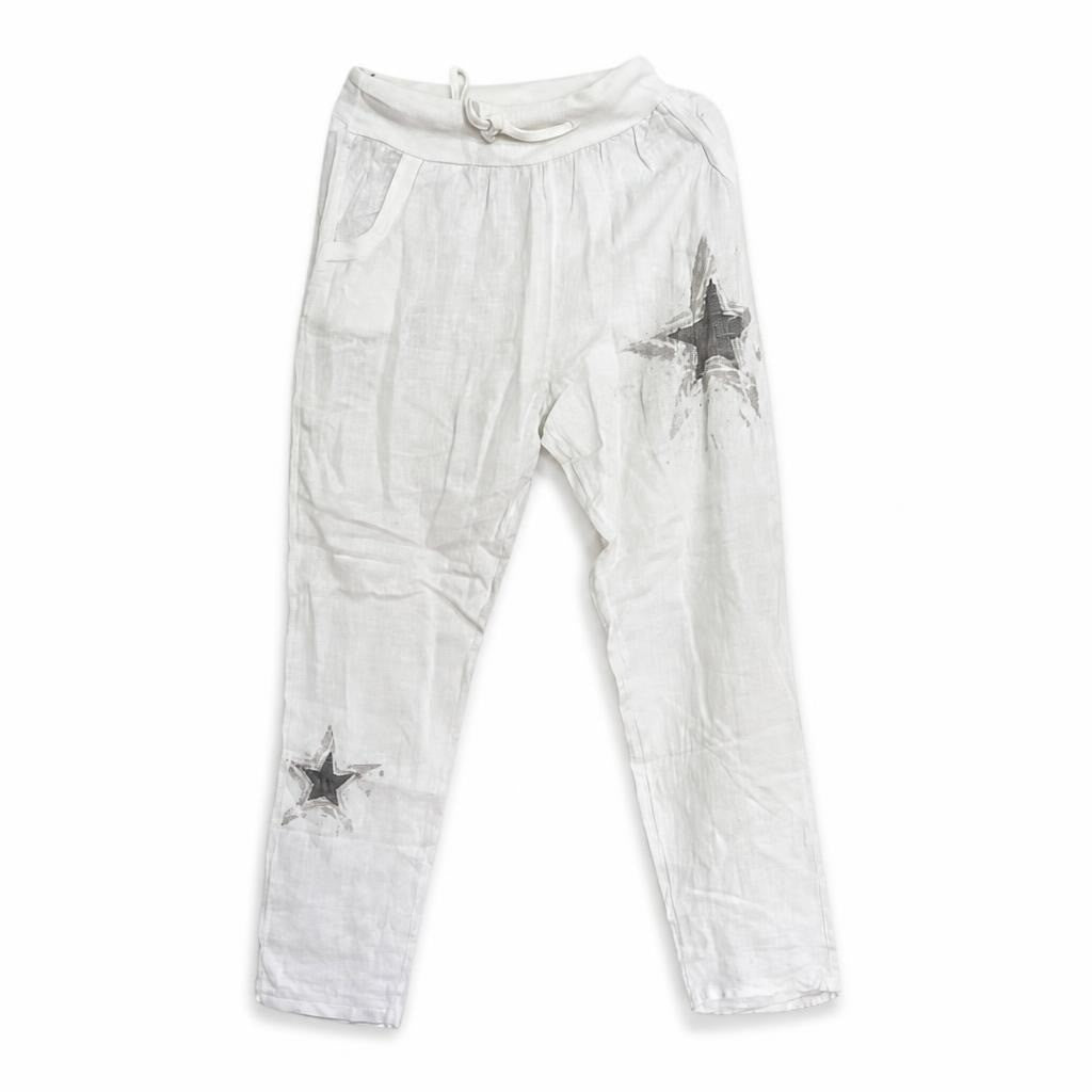 White linen drawstring pants with star print - white studio shot, second-hand at Why Go Less, Dekwaneh, Lebanon