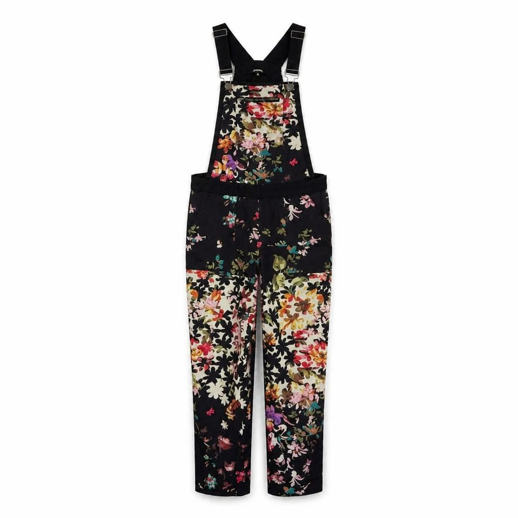 Moral floral print overalls dungarees, dark multicolor - white studio shot, second-hand at Why Go Less, Dekwaneh, Lebanon
